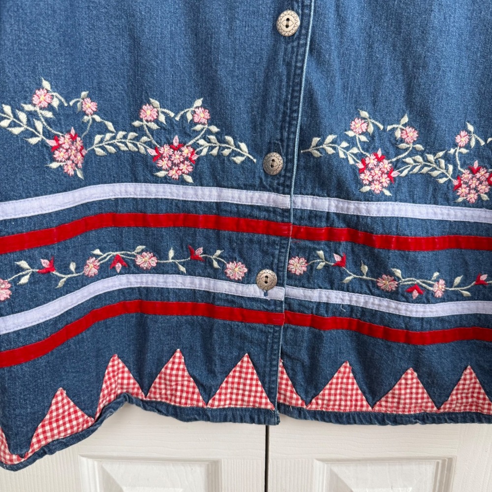 Nectar Denim Jacket XL Embroidered Floral Cottagecore Gingham Trim Boho Vintage‎